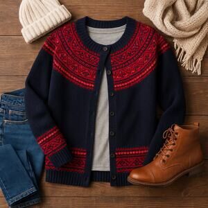 Talbots Petites Wool Fair Isle Cardigan Sweater Navy Red MP Nordic Winter Knit